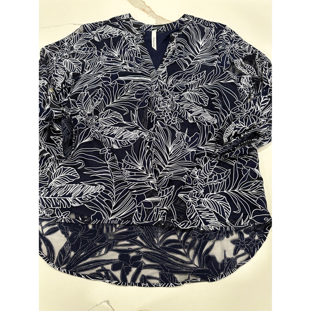 Navy Blue White Tropical Floral Burnout High‎ Low Blouse XL Womens